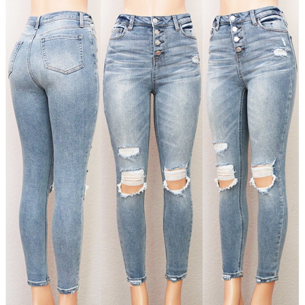 NEW Light Wash High Rise Button Fly Distress Jeans